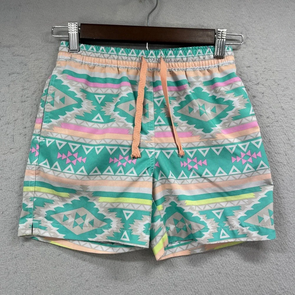 Chubbies Swim Trunks Youth Small 8/9 Teal Pink Aztec Geometric Summer Beachwear